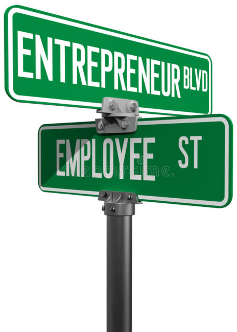 Crossed street signs reading 'Entrepreneur Blvd' and 'Employee St,' representing a business ownership choice