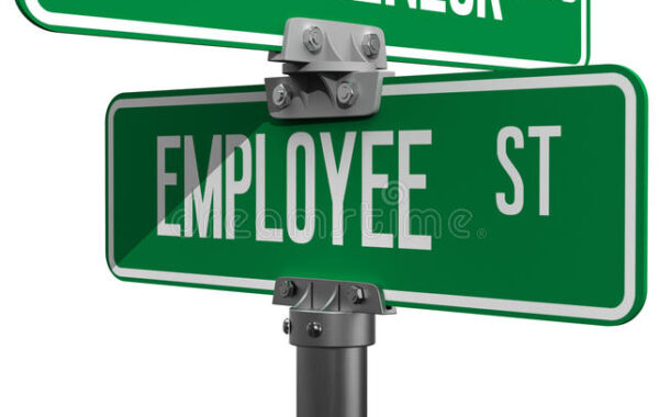 Crossed street signs reading 'Entrepreneur Blvd' and 'Employee St,' representing a business ownership choice