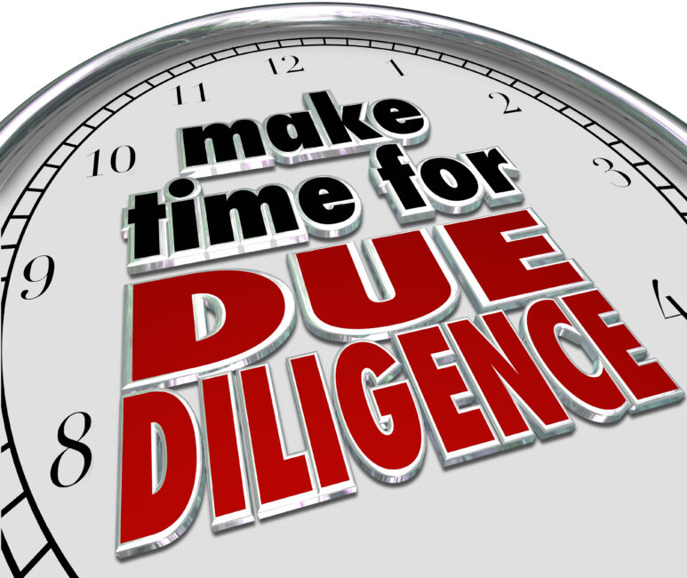 Clock face with the words 'Make Time for Due Diligence' in bold red letters