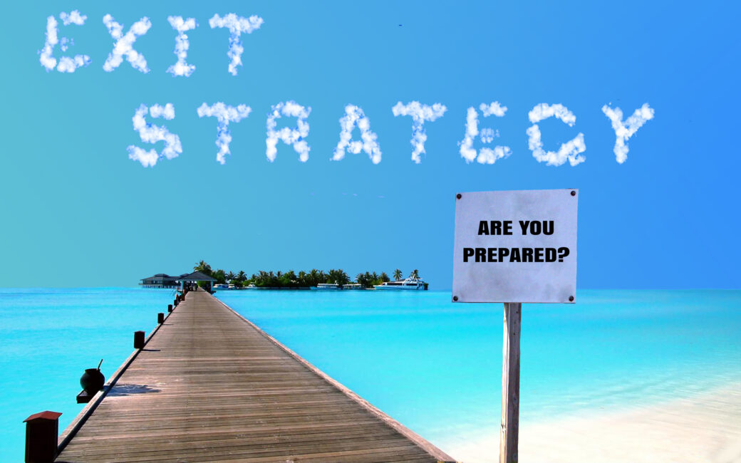 Clouds spelling 'Exit Strategy' over a tropical dock with a sign asking 'Are You Prepared?'