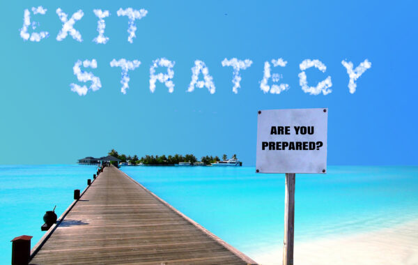 Clouds spelling 'Exit Strategy' over a tropical dock with a sign asking 'Are You Prepared?'