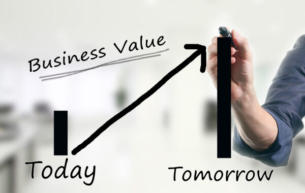 Hand drawing a rising bar chart labeled 'Business Value' from Today to Tomorrow