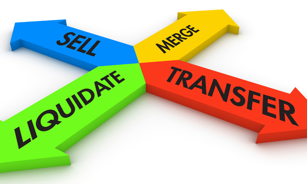 Four colored arrows labeled Sell, Merge, Liquidate, and Transfer, representing business exit planning options